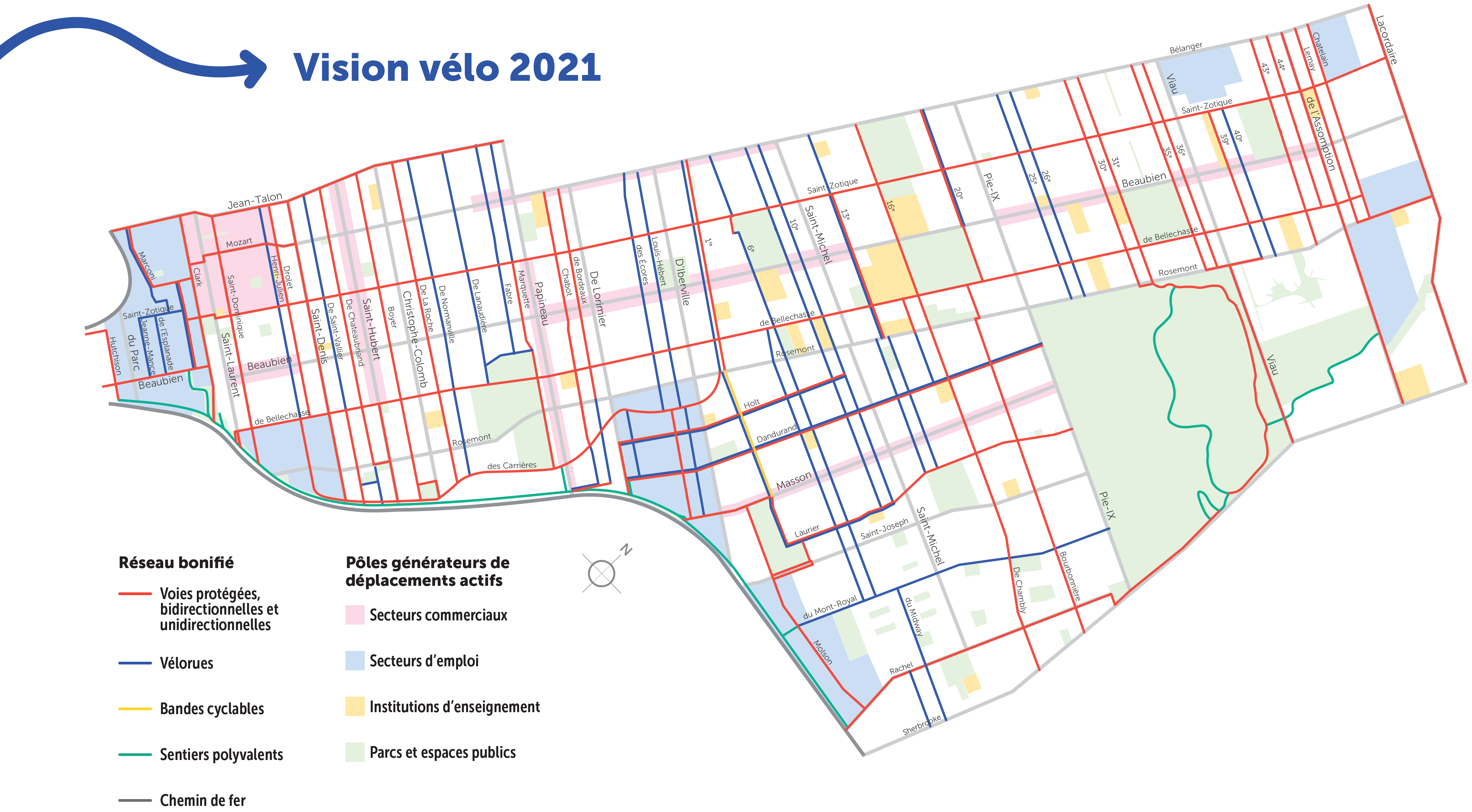 une carte du réseau cyclable de l'arrondissement projeté en 2021